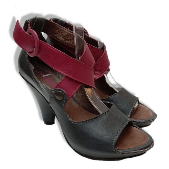 CHANII B Criss-Cross Straps Open Toe Low Platform Cone Heels Grey & Pink Sz 7 - Picture 1 of 15